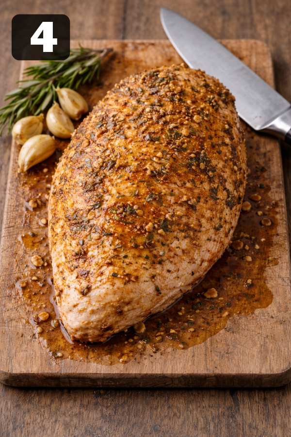 cooked turkey breast resting on wooden board before slicing