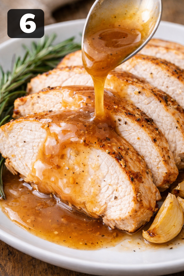 homemade turkey gravy being poured over sliced turkey breast