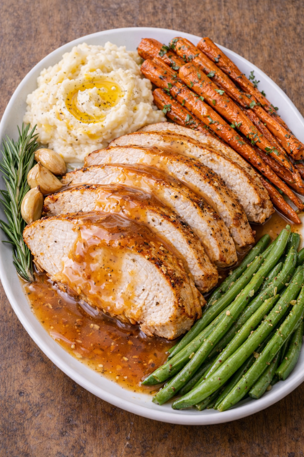 sliced crockpot turkey breast served with mashed potatoes roasted carrots and green beans