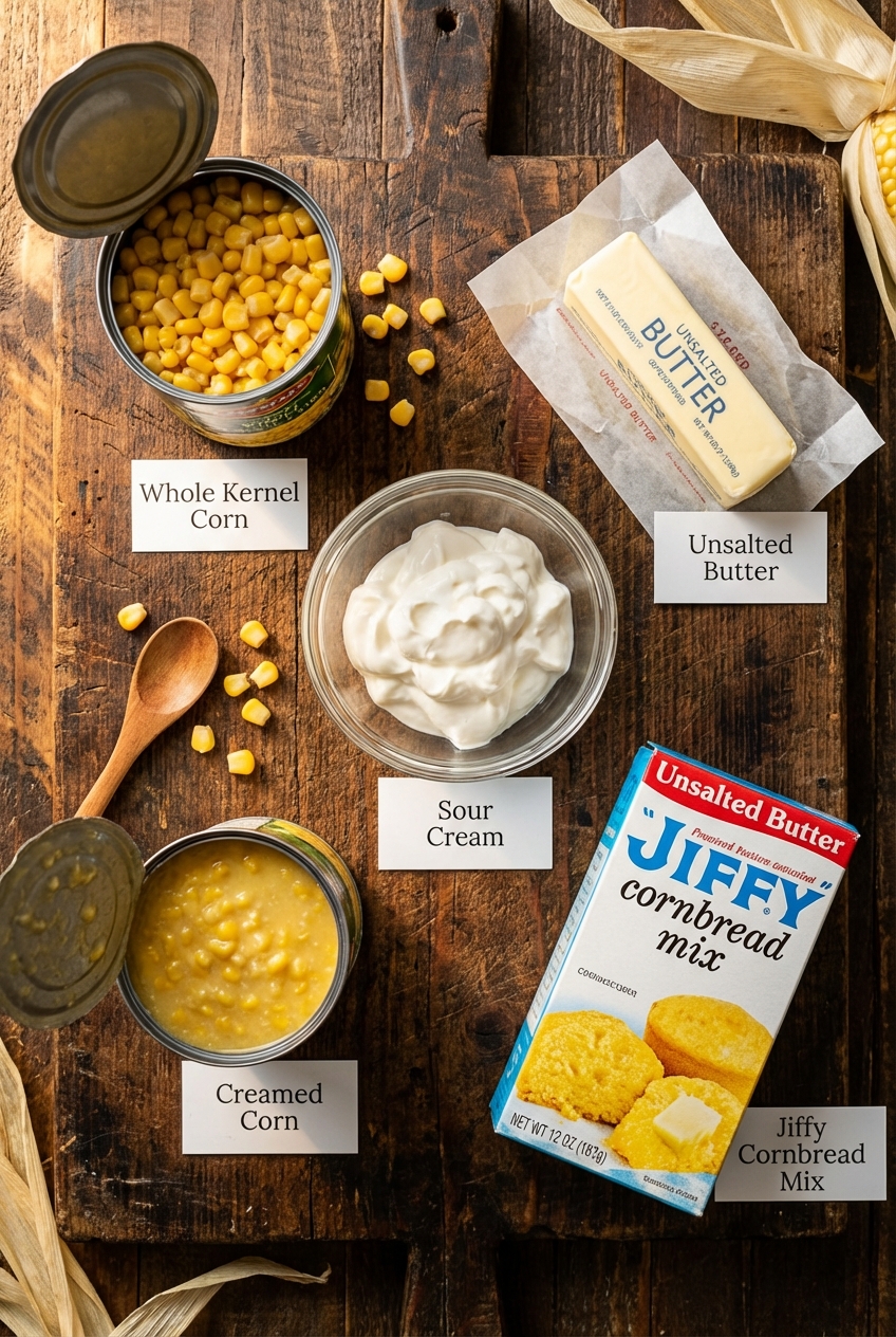 5 ingredient corn casserole labeled ingredients flat lay