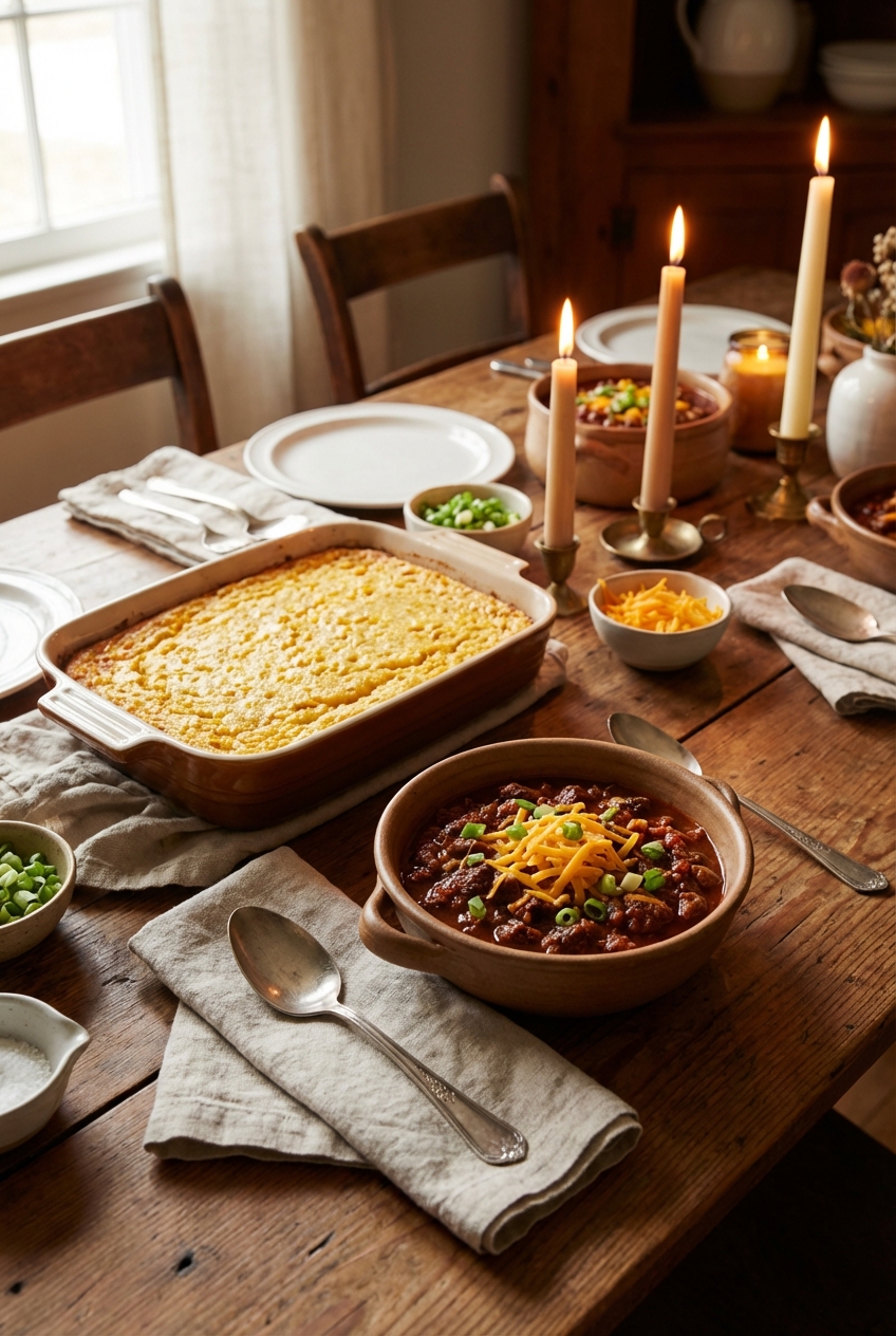 Corn casserole served alongside beef chili with shredded cheddar and green onions