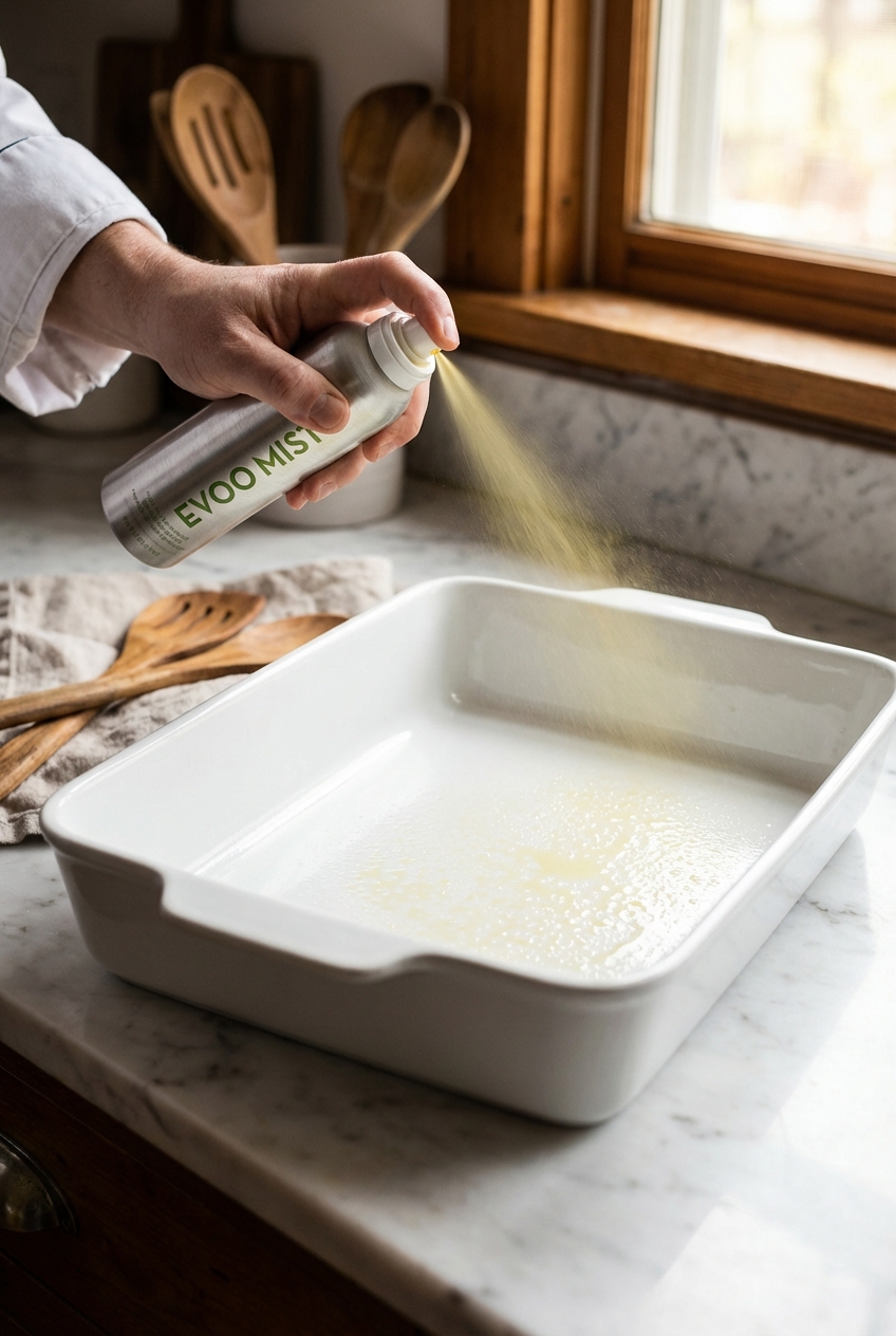 Spraying baking dish with non-stick cooking spray