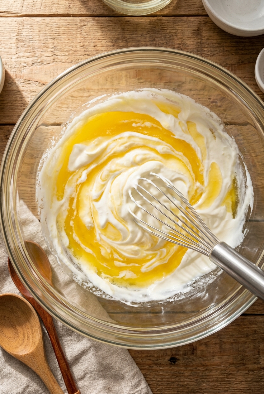 Whisking golden melted butter and sour cream together