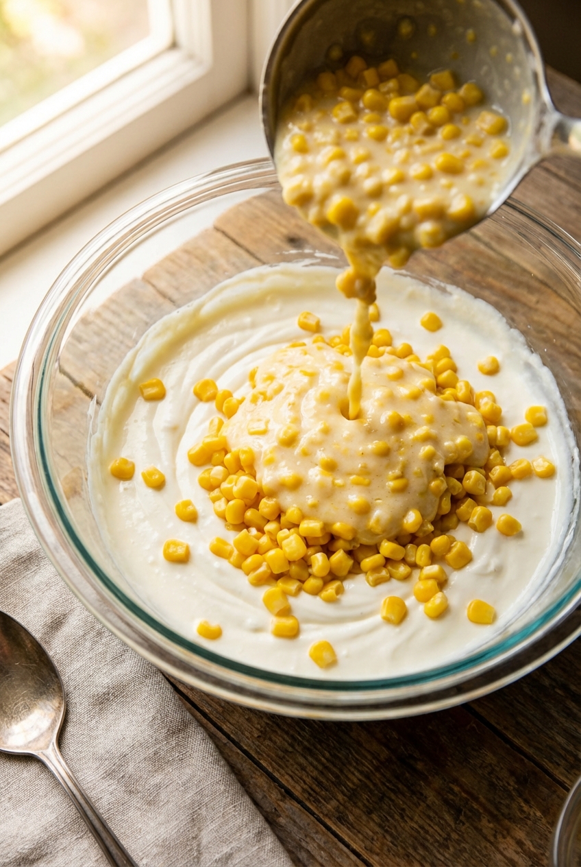 Pouring golden corn kernels and creamed corn into bowl