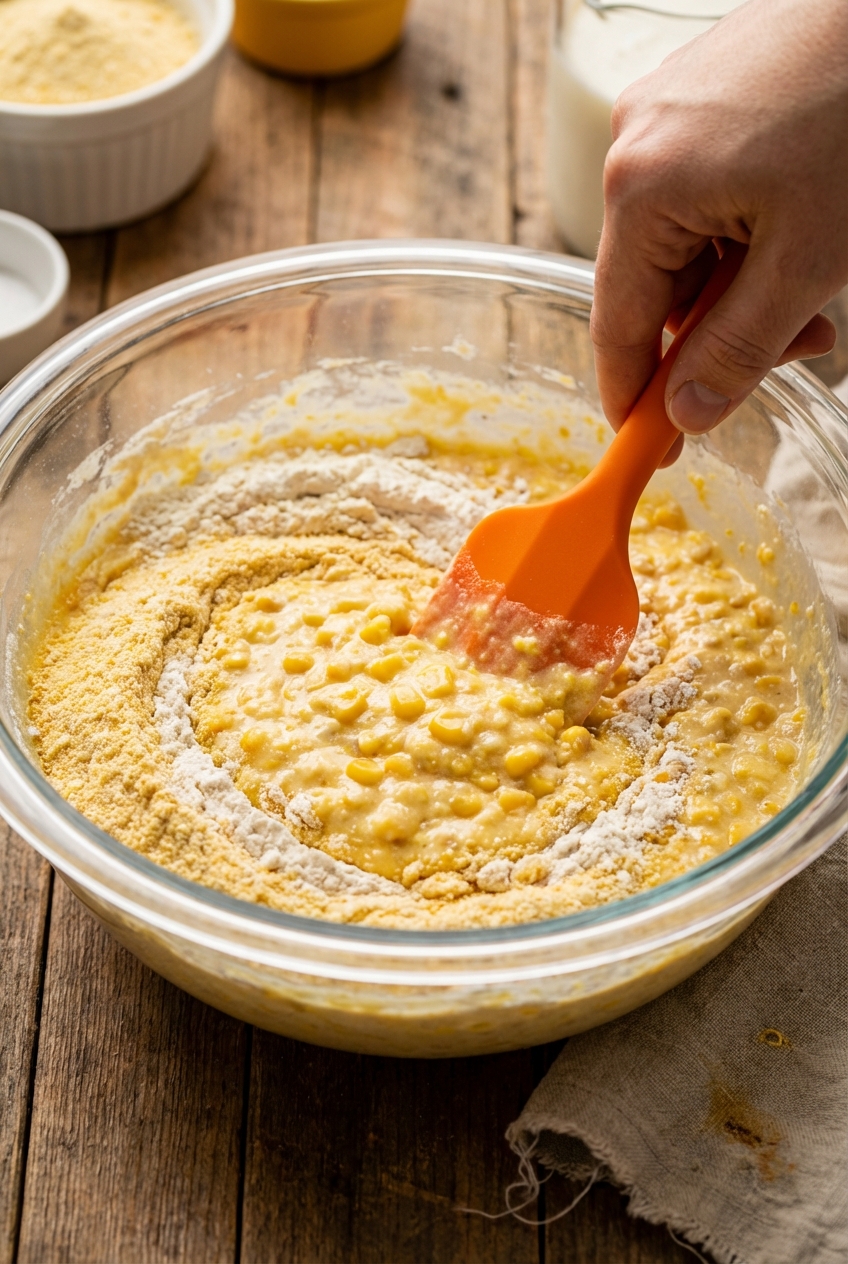 Spatula folding Jiffy cornbread mix into wet ingredients