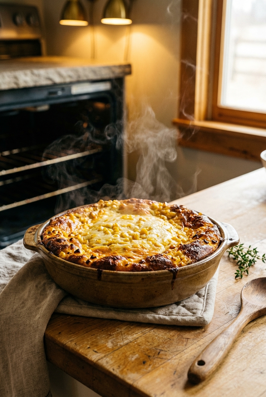 Golden brown corn casserole fresh from the oven