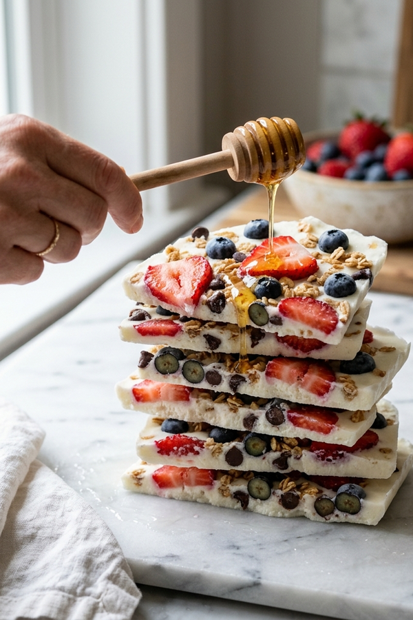 frozen yogurt bark with berries on white marble