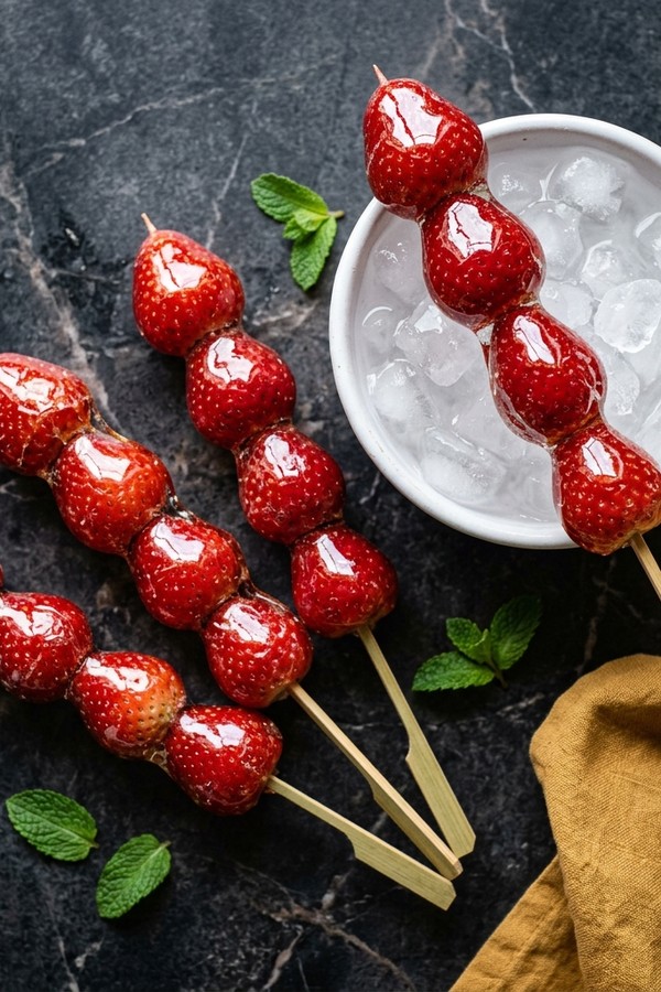 Tanghulu master recipes — ruby red strawberry skewers with glass-like candy coating on dark marble