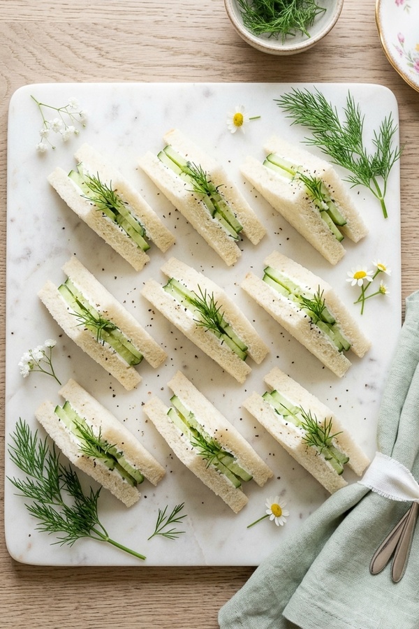 cucumber sandwiches with cream cheese and dill on marble board