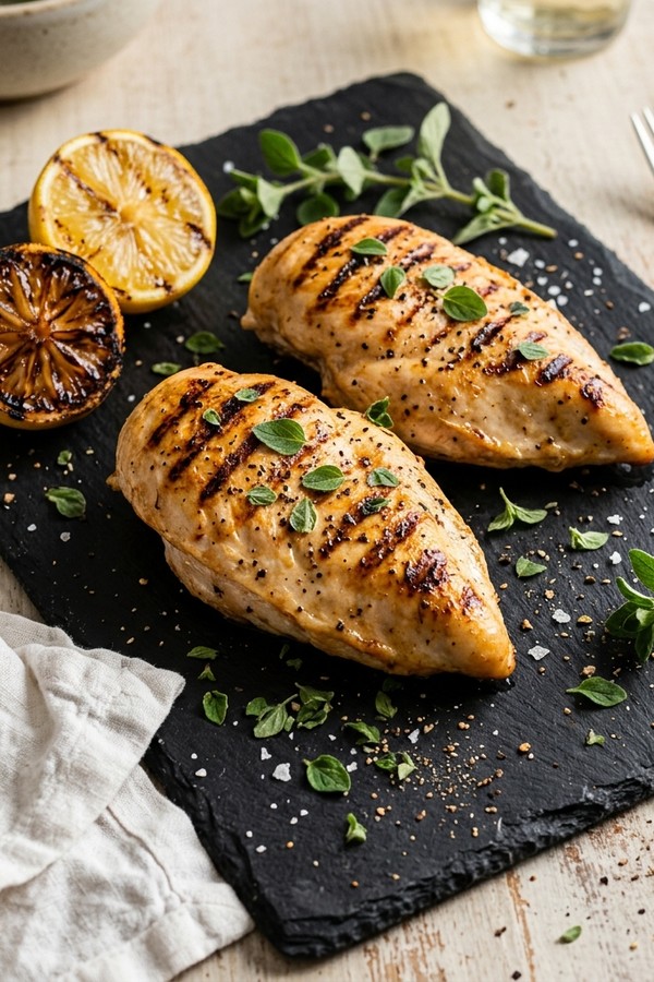 Grilled lemon chicken on a slate board with charred lemon halves and fresh oregano