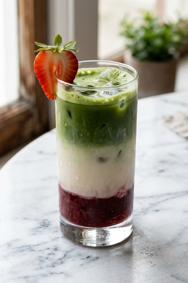 Strawberry matcha latte with three beautiful layers in a tall glass on white marble