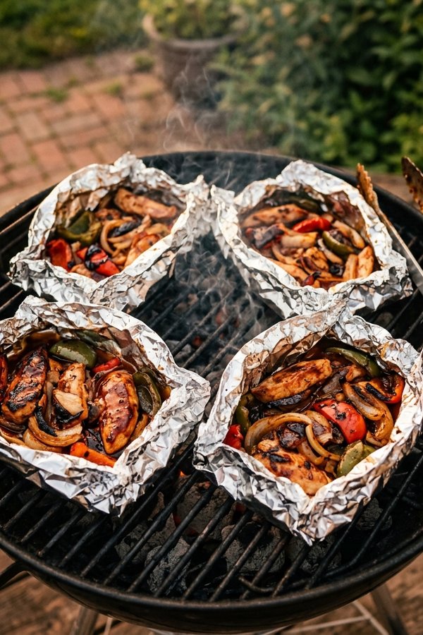 BBQ chicken foil packs open on grill with caramelized sauce