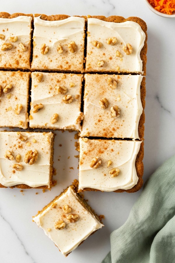 Carrot cake bars with cream cheese frosting cut into 16 squares on white marble
