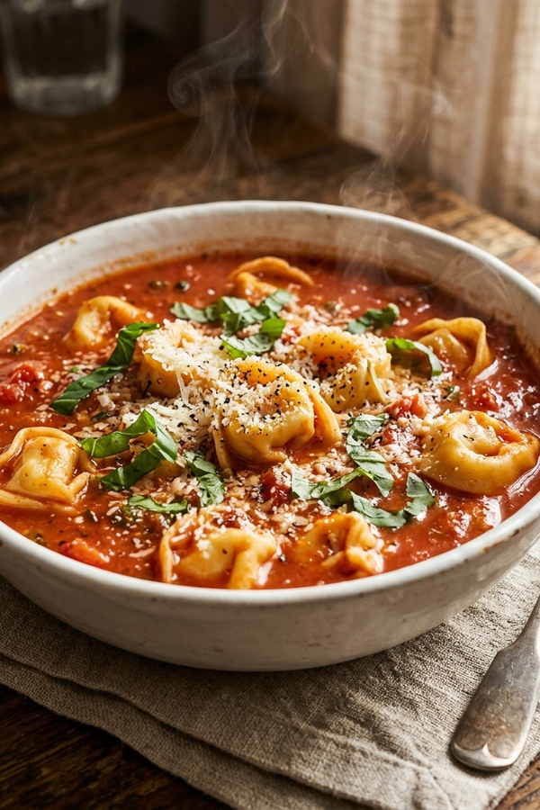 Crockpot creamy tomato tortellini soup in a bowl with fresh basil and parmesan
