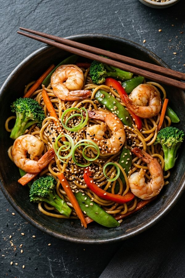 Shrimp stir fry with noodles in dark bowl with glossy brown sauce, broccoli, carrots, snap peas, and pink shrimp