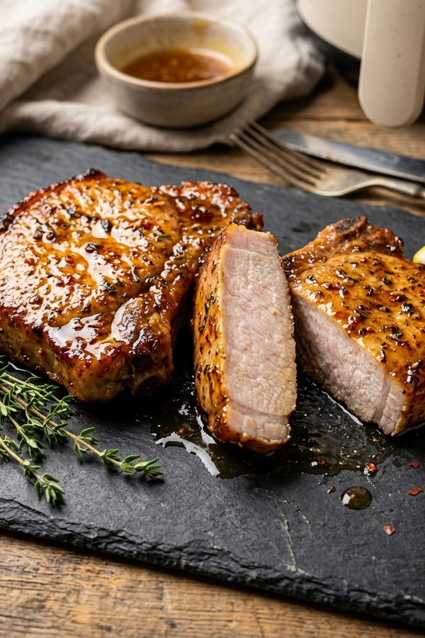 Two golden-brown juicy air fryer pork chops on a dark slate board, one sliced open showing juicy pink interior with honey garlic glaze