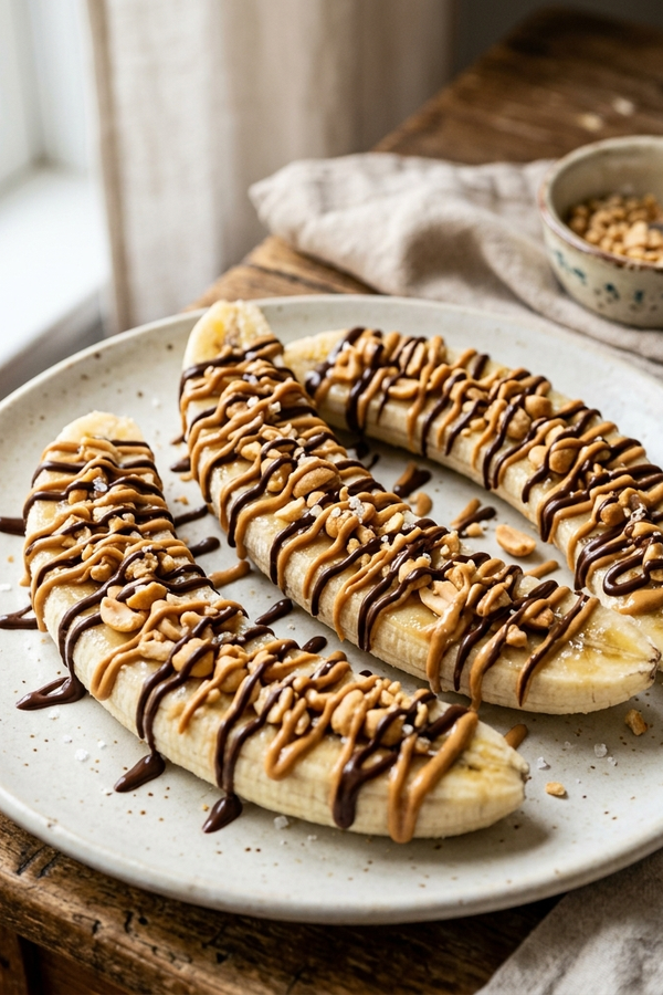 Low calorie frozen banana snickers with chocolate and peanut butter drizzle on a plate