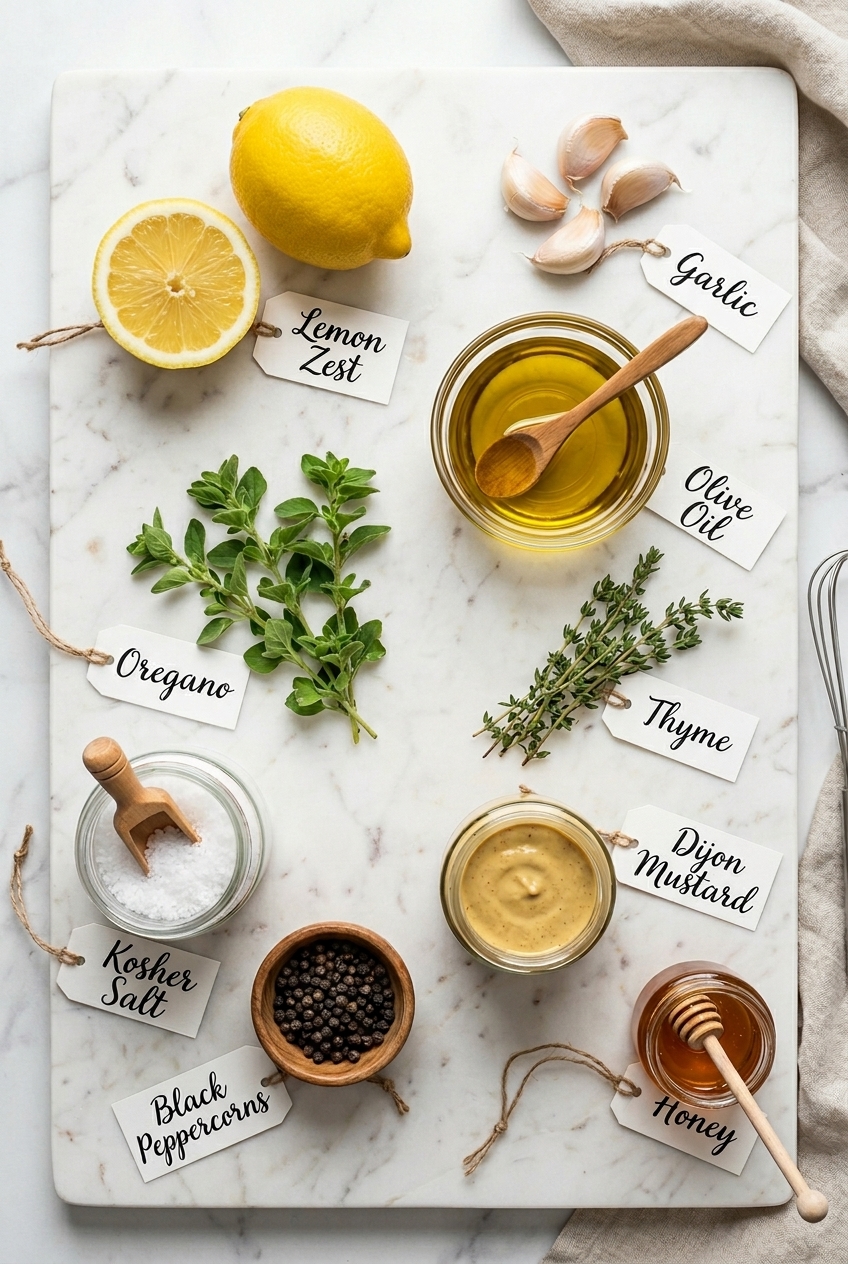 Ingredients for grilled lemon chicken marinade: lemons, garlic, olive oil, herbs, Dijon mustard