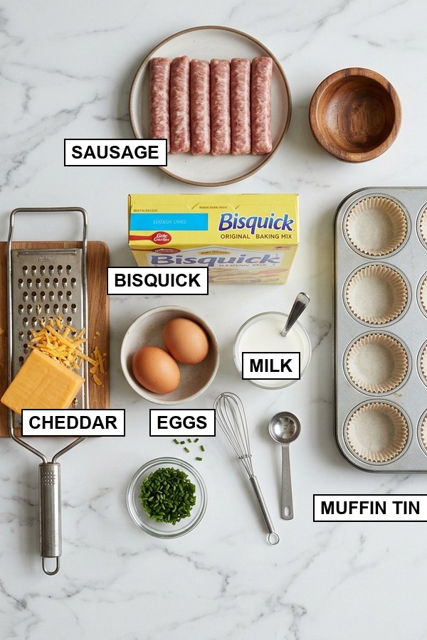 easy sausage muffins ingredients flat lay overhead marble