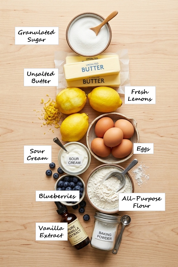 lemon blueberry cake ingredients flatlay