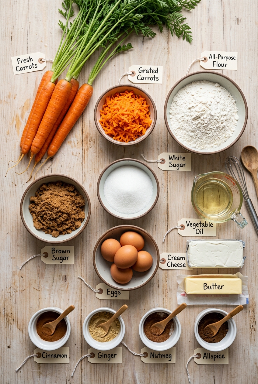 Ingredients for carrot cake bars including fresh carrots, flour, eggs, cream cheese and spices