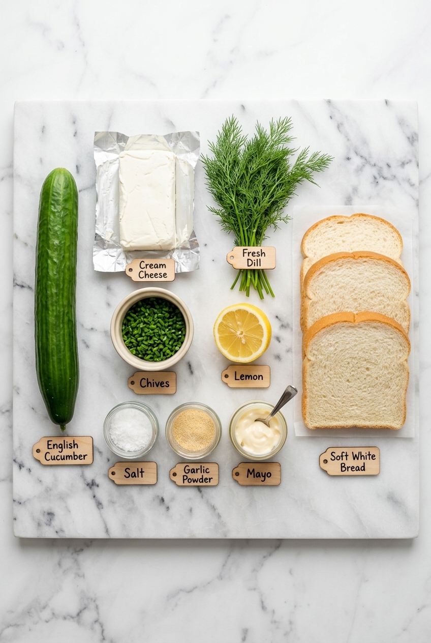 cucumber sandwiches ingredients flat lay overhead