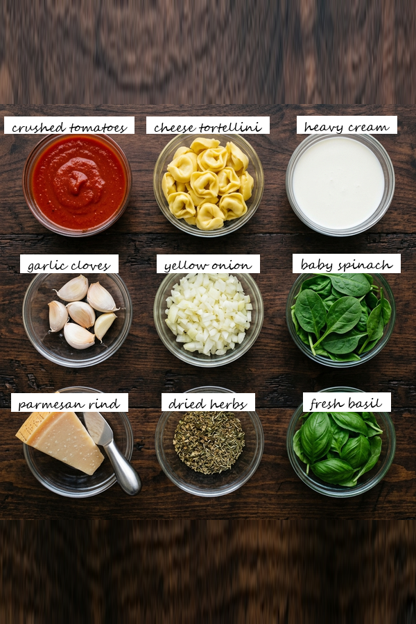 Ingredients for crockpot creamy tomato tortellini soup
