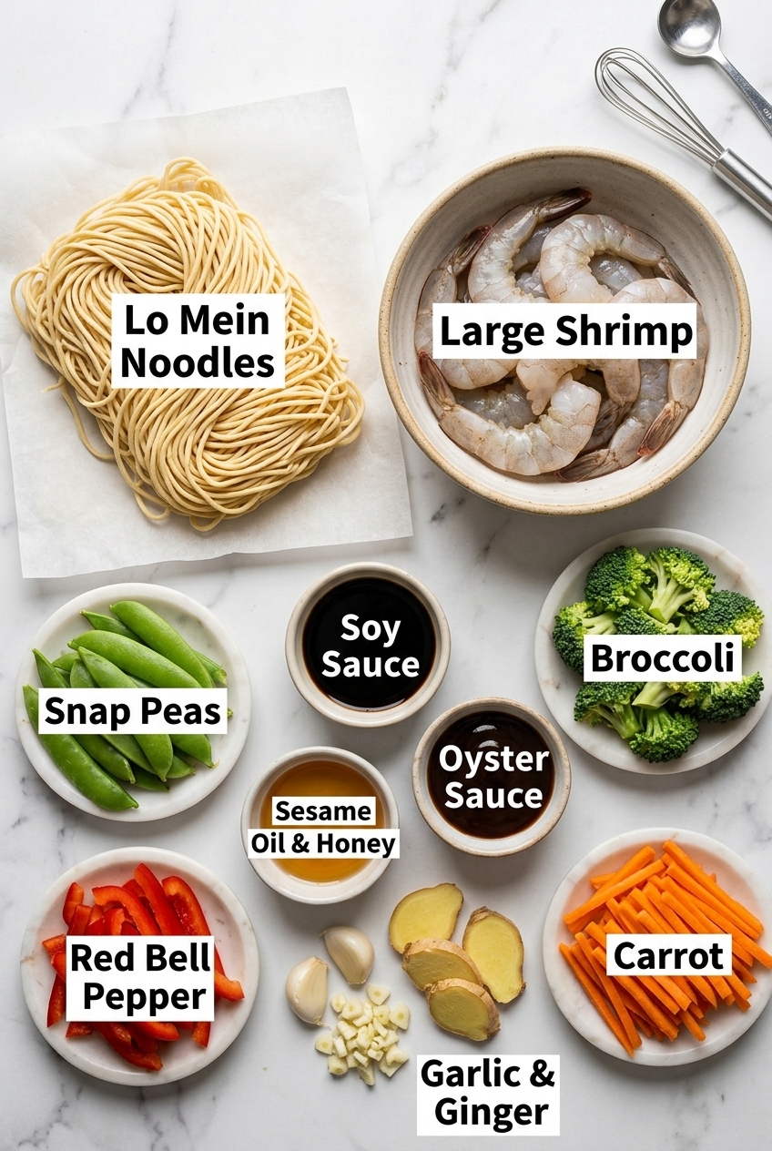 Shrimp stir fry with noodles ingredients flatlay on white marble
