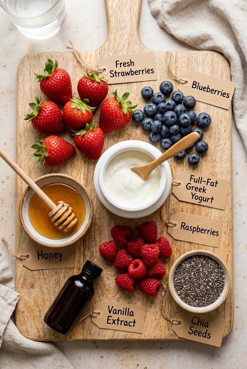 frozen yogurt bark ingredients flat lay