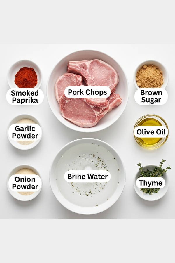 Flatlay of all ingredients for juicy air fryer pork chops on white marble background