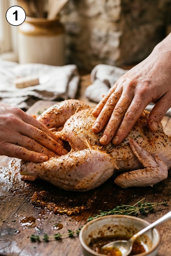 Step 1 rub chicken with olive oil and spices