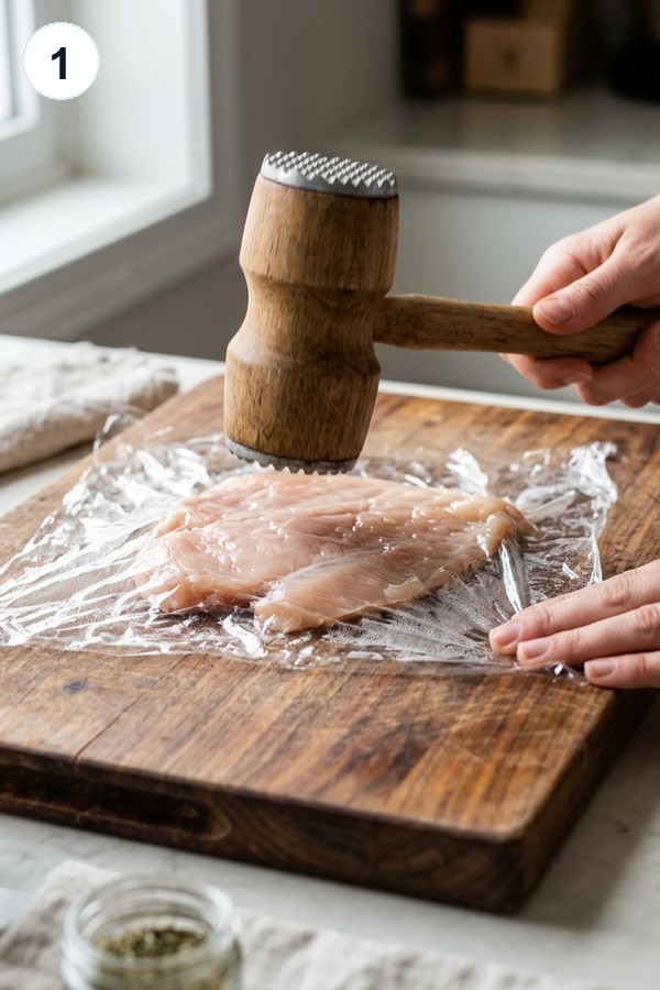 Pounding chicken breast flat with a meat mallet between plastic wrap