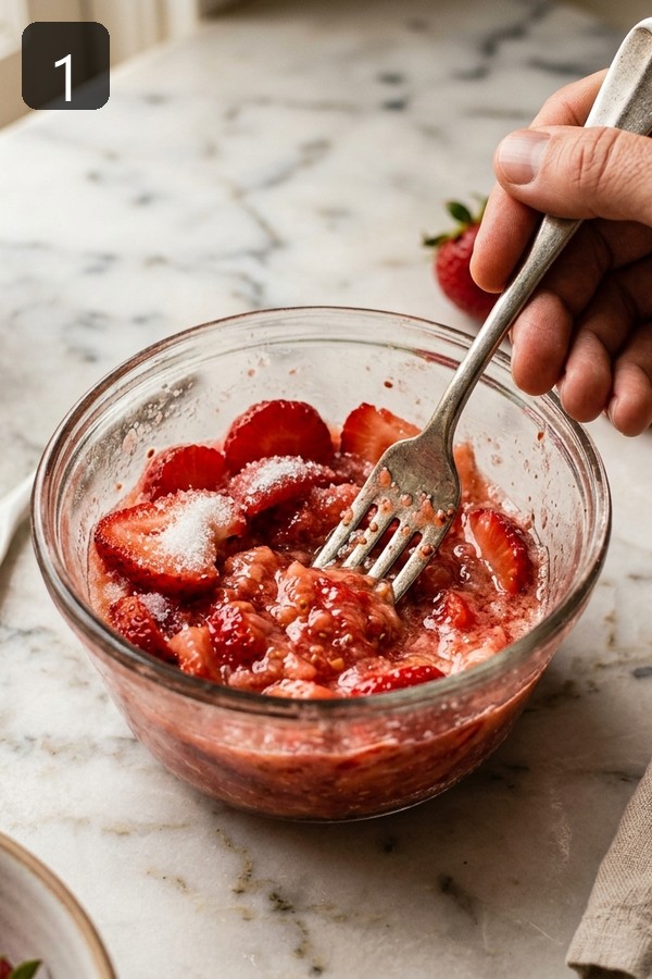 Step 1: Mash fresh strawberries with sugar to make strawberry base for matcha latte