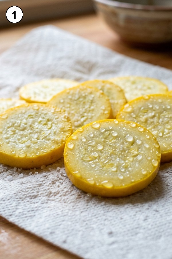 salting yellow squash rounds to remove moisture