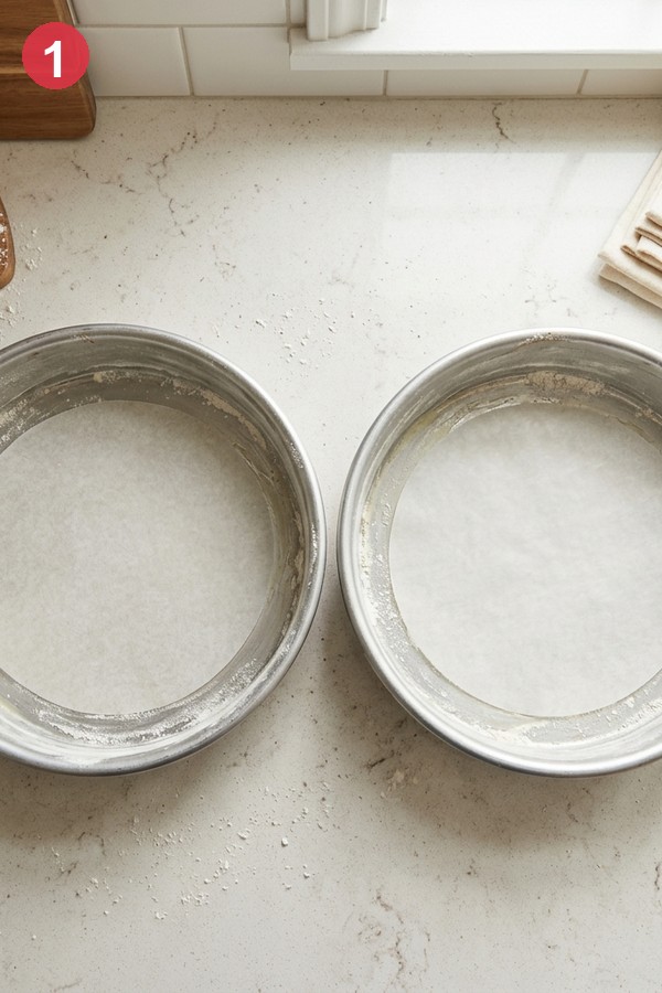 step 1 prep cake pans with parchment paper