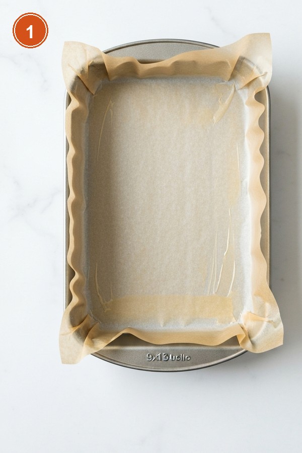 Step 1: 9x13 baking pan lined with parchment paper with overhang on long sides