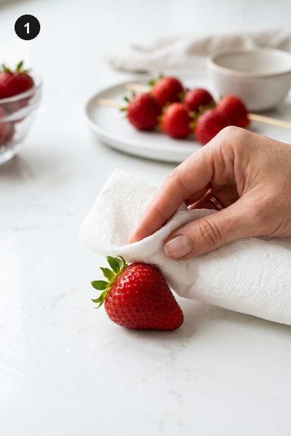Step 1: Pat dry fresh strawberries with paper towels before dipping in candy syrup