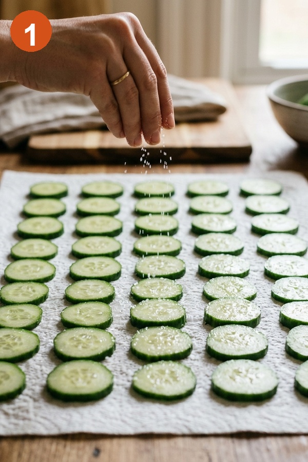 salting cucumber slices on paper towel for sandwiches