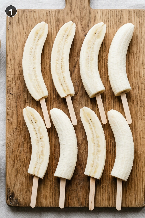 Step 1 - Peeled bananas cut lengthwise on a cutting board with popsicle sticks