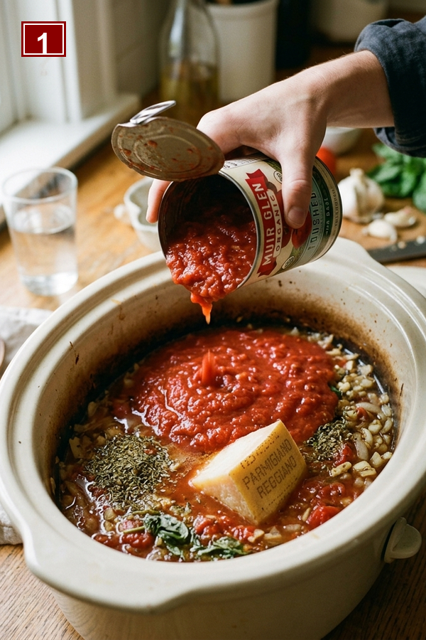 Step 1 building the tomato base in a slow cooker