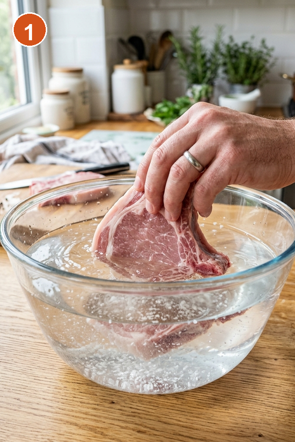 Step 1: Submerging raw pork chops into clear brine water in a large glass bowl