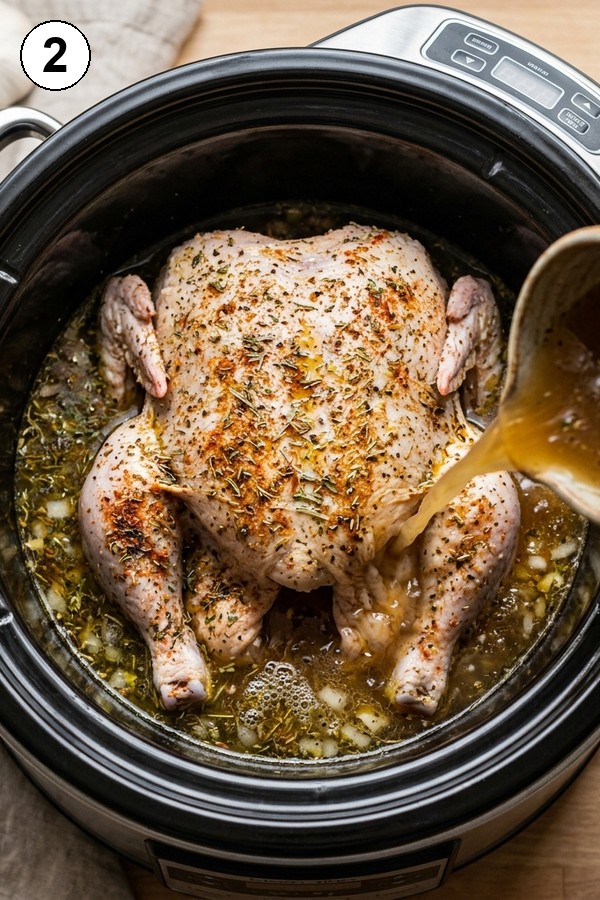 Step 2 add broth and sauce to slow cooker