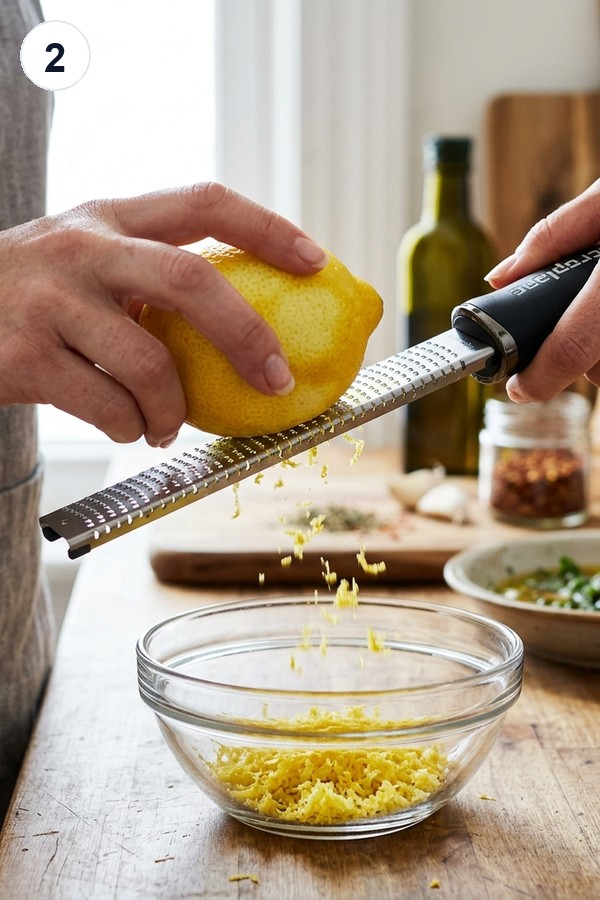 Zesting a lemon with a Microplane grater into a glass bowl for chicken marinade