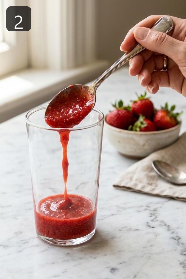 Step 2: Spoon strawberry puree into tall glass to build strawberry matcha latte