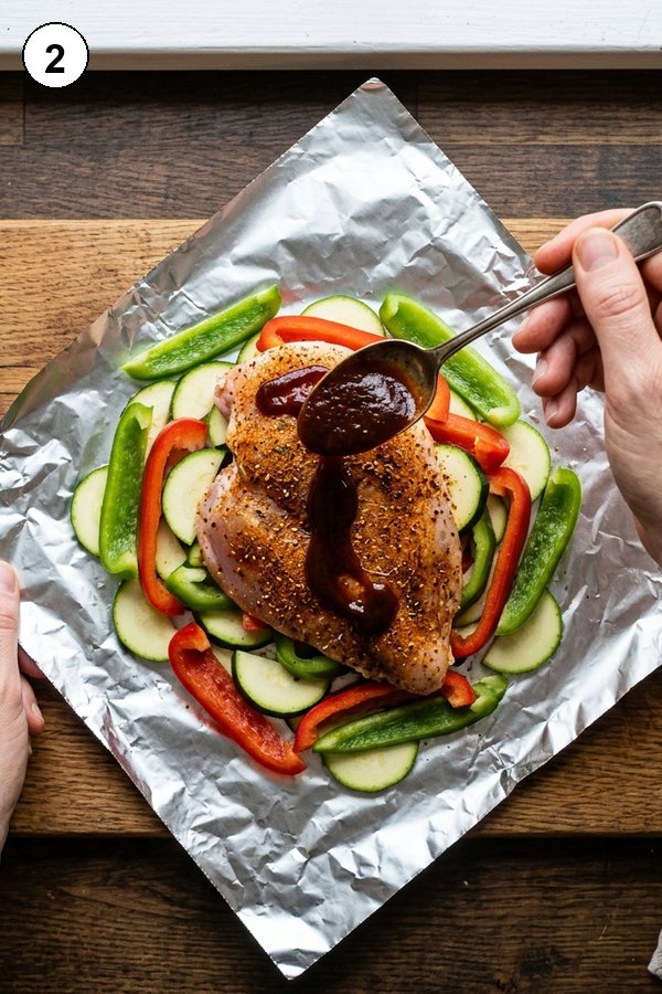 These BBQ Chicken Foil Packs are an easy and delicious dinner idea for camping or a quick weeknight meal. Tender chicken and veggies grilled to perfection! Assembling BBQ chicken foil packet with vegetables and sauce