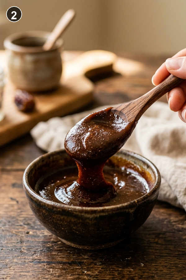Step 2 - Dark glossy date caramel paste in a small bowl