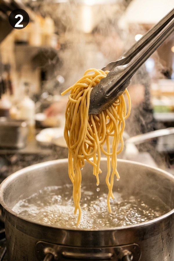Lifting lo mein noodles from boiling water with metal tongs