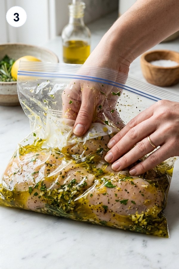 Chicken breasts marinating in lemon herb marinade in a zip-lock bag