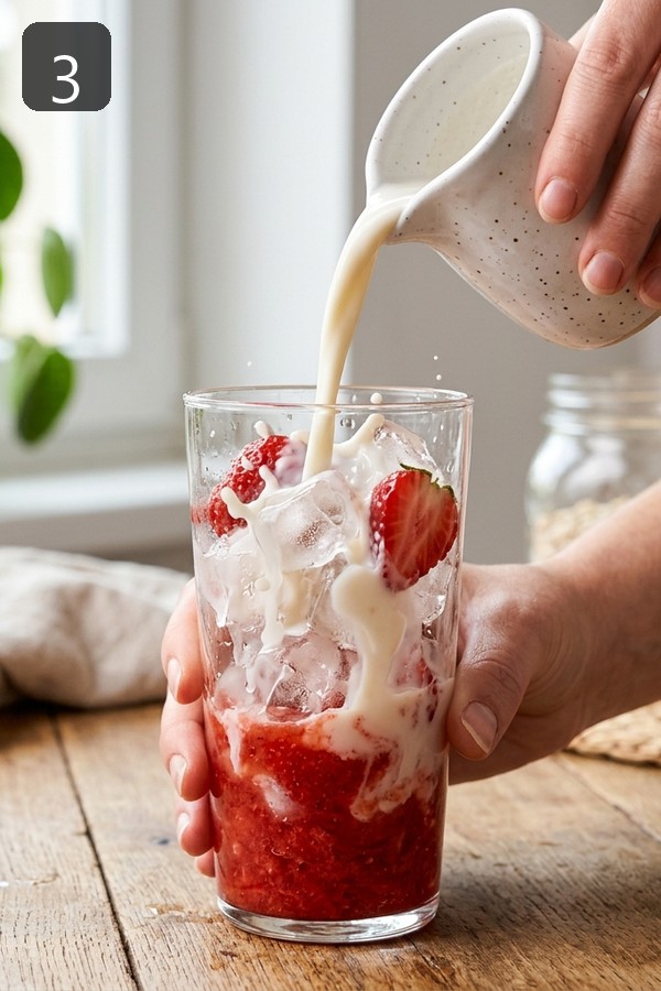 Step 3: Pour oat milk over ice and strawberry base in glass
