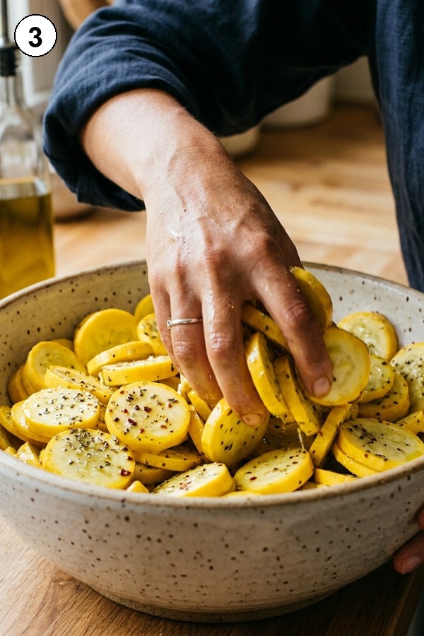 seasoning yellow squash rounds with olive oil and spices